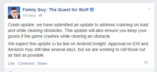 Family Guy Facebook Crash Issue Post